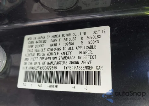 2012 Acura Tsx 2.4 from USA, damaged, VIN JH4CU2F49CC022555